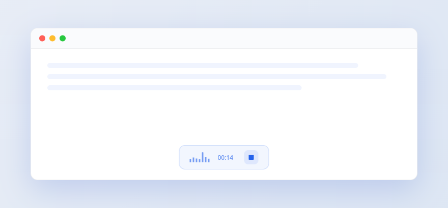 WhisprDesk dictation overlay active in a Mac window, showing a recording waveform, an elapsed timer, and a stop button